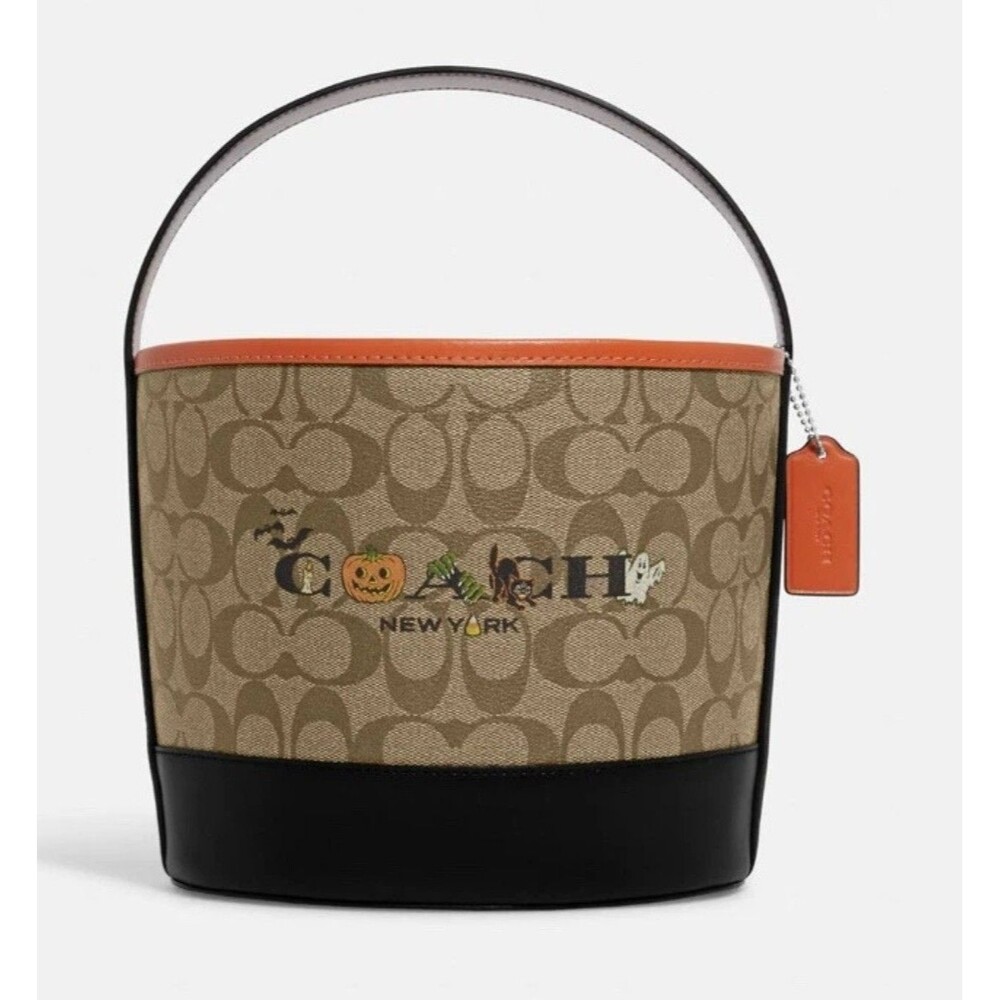 Coach Signature Canvas Leather HALLOWEEN PRINT Candy Bucket Bag Basket NEW